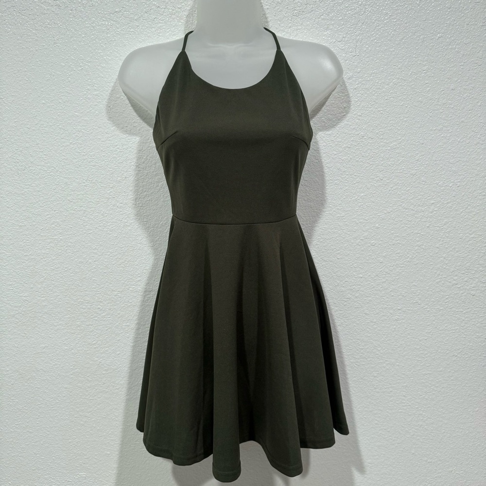 NWT fashion q green lace up a line fit & flare cami spaghetti strap skater dress